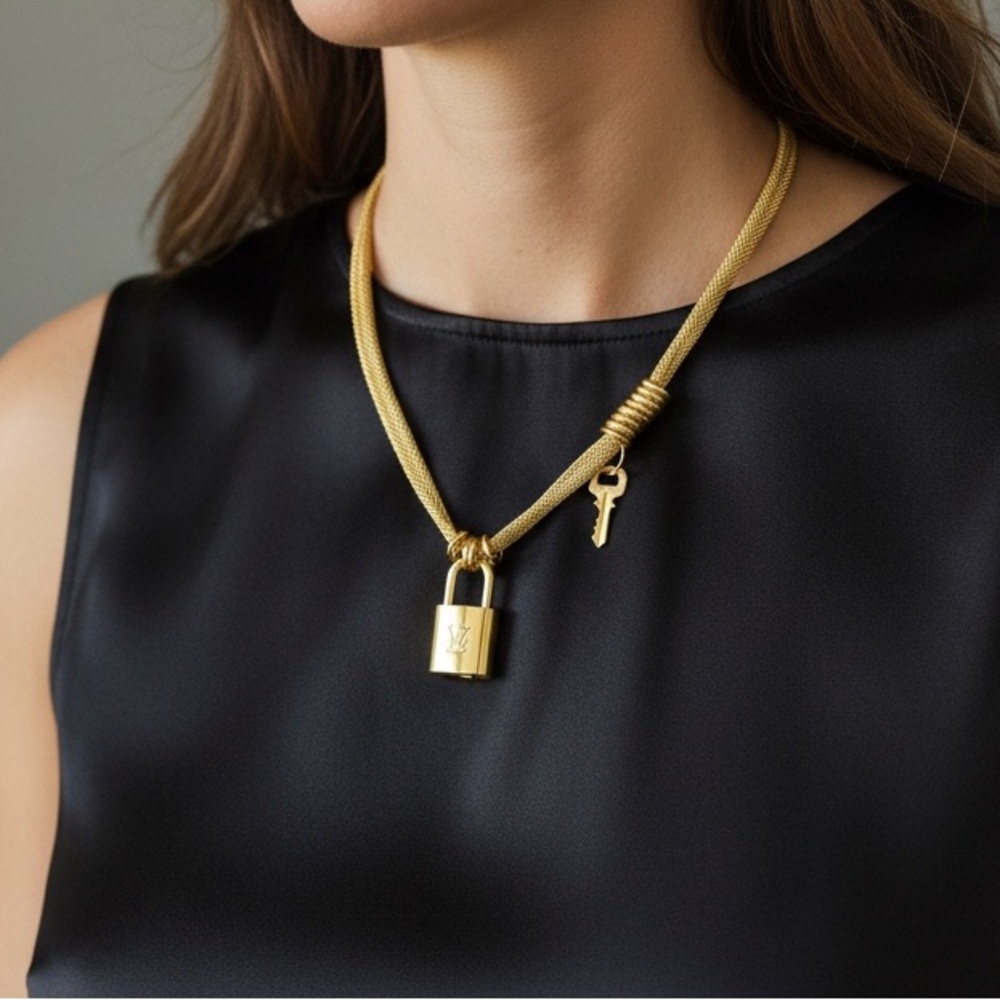 LOUIS VUITTON Padlock & Key w/Vintage Unbranded 24K Gold Filled Double Necklace - Picture 3 of 10